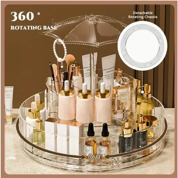 360 rotating cosmetic stand with makeup products displayed on vanity table Homesouq Qatar