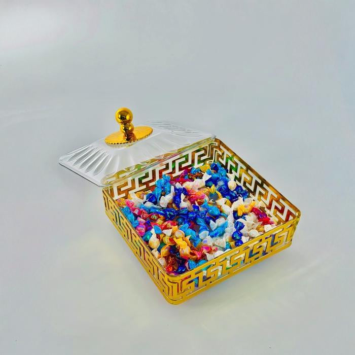 Decorative square sweet box with golden frame and glass lid for storing sweets and dry fruits Qatar