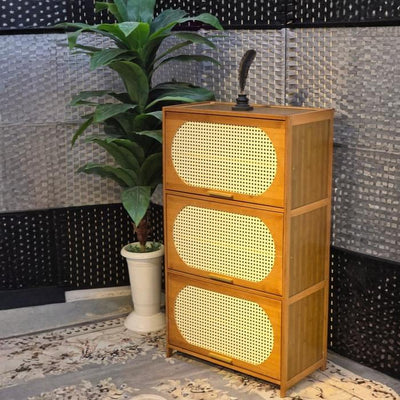 Rattan style shoe cabinet with three flip drawers for home storage Qatar