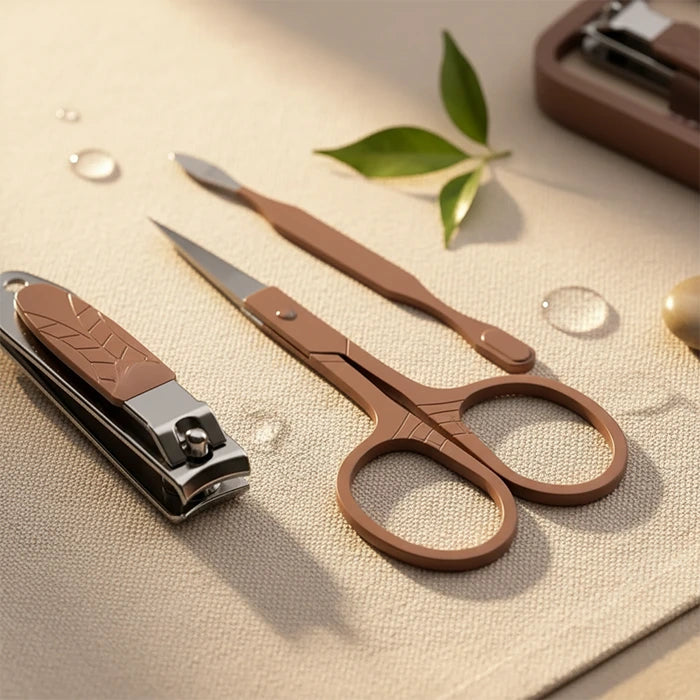 Nail clipper scissors and tweezers from manicure kit displayed on surface Homesouq Qatar