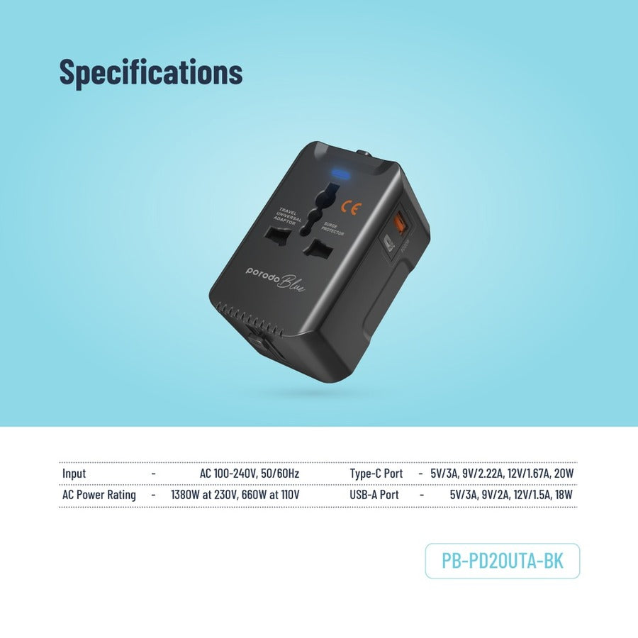 Fast charging with 20W PD and 18W QC ports. Includes US, AU, EU, and UK plugs Specifications