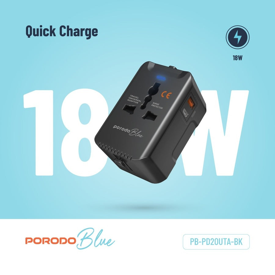Fast charging with 20W PD and 18W QC ports. Includes US, AU, EU, and UK plugs quick charge
