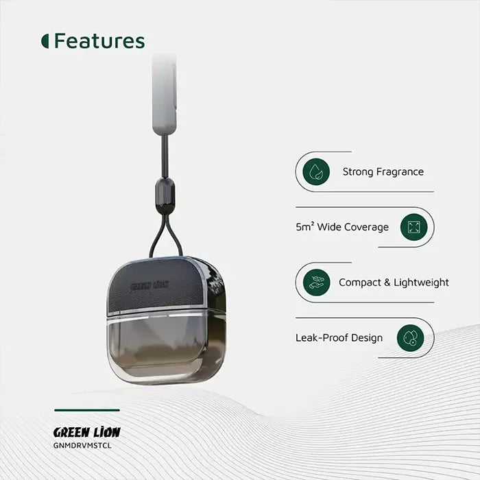 Green Lion hanging car diffuser features including strong fragrance and leak proof design Qatar