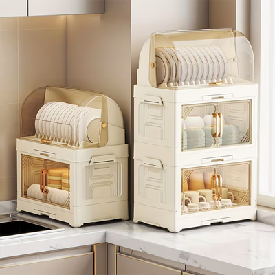 Compact and tall kitchen rack dish storage cabinet with transparent doors in corner setup Qatar