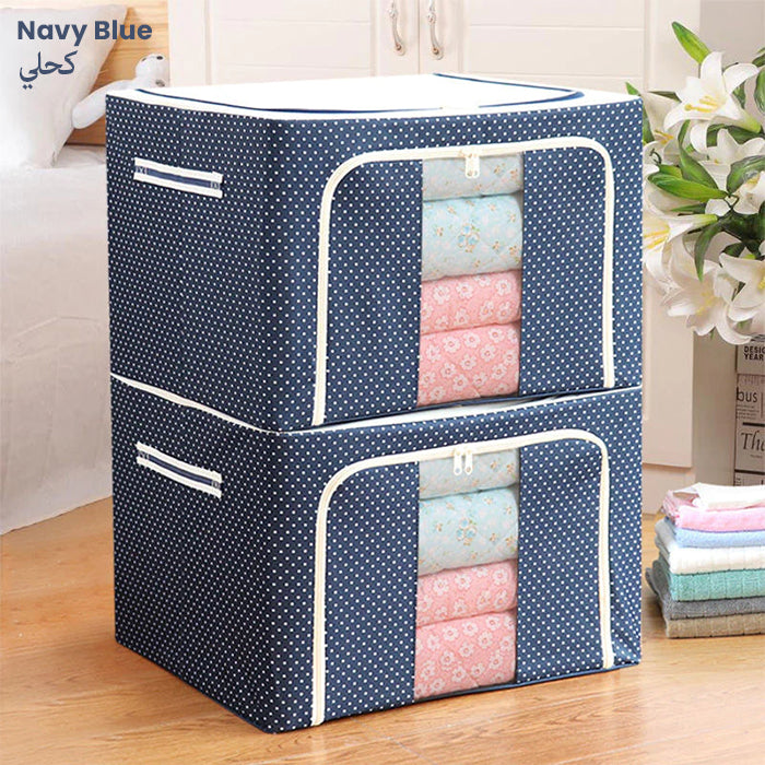 72L Foldable Cloth Storage Organizer Box, Large Capacity Wardrobe Organizer with Steel Frame Support navy blue