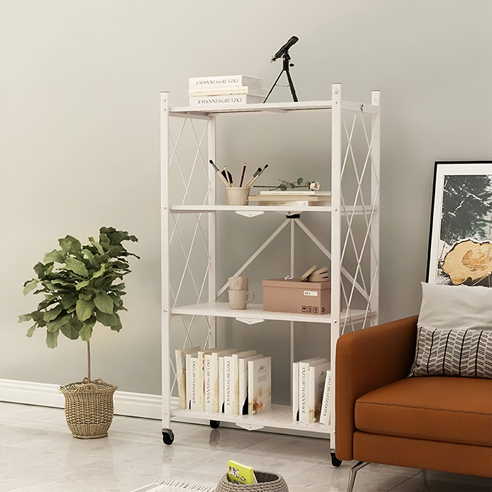 Foldable Storage Shelves with Wheels, Folding Metal Rack Shelving Unit 4 tier