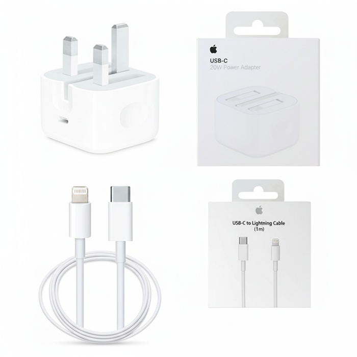 Complete Apple accessory set with charger, USB-C cable, and Lightning cable boxes Qatar
