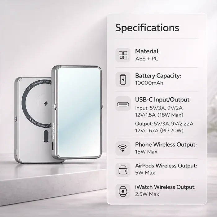 Green Lion Mirror Bank 10000mAh specs — USB-C PD 20W, 15W wireless, AirPods and iWatch charging – Homesouq Qatar 