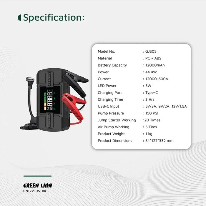 Green Lion 12V Jump Starter packs 12000mAh power, jump-starts up to 20 times, and supports 600–12000A current Digital Display

