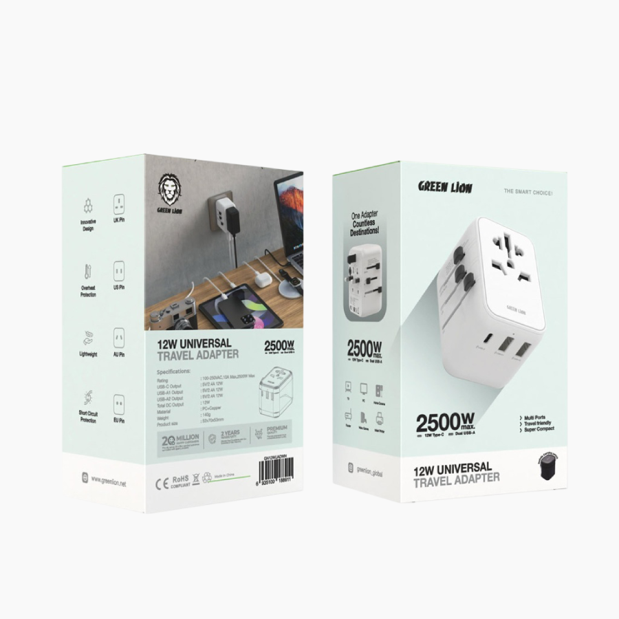 Green Lion 12W Universal Travel Adapter offers multiple ports, 12W output