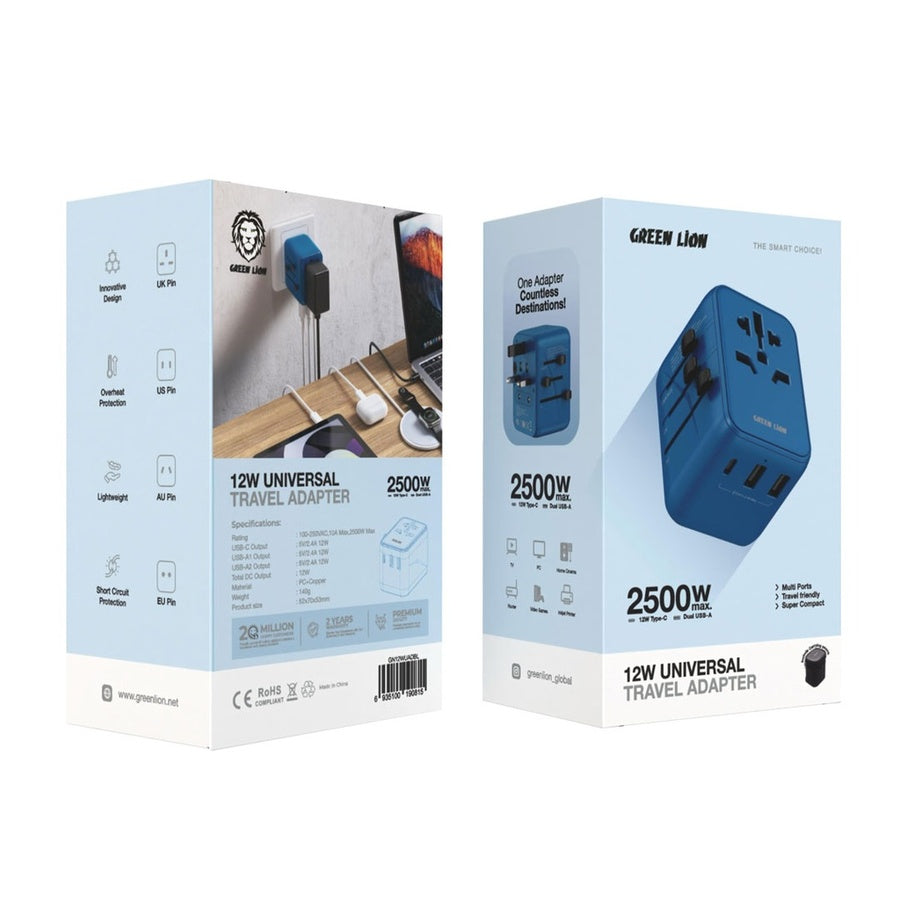 Green Lion 12W Universal Travel Adapter offers multiple ports, 12W output Super Compact

