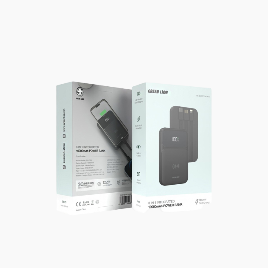  Green Lion 3-in-1 10000mAh Power Bank features wireless fast charging, built-in cables Durable
