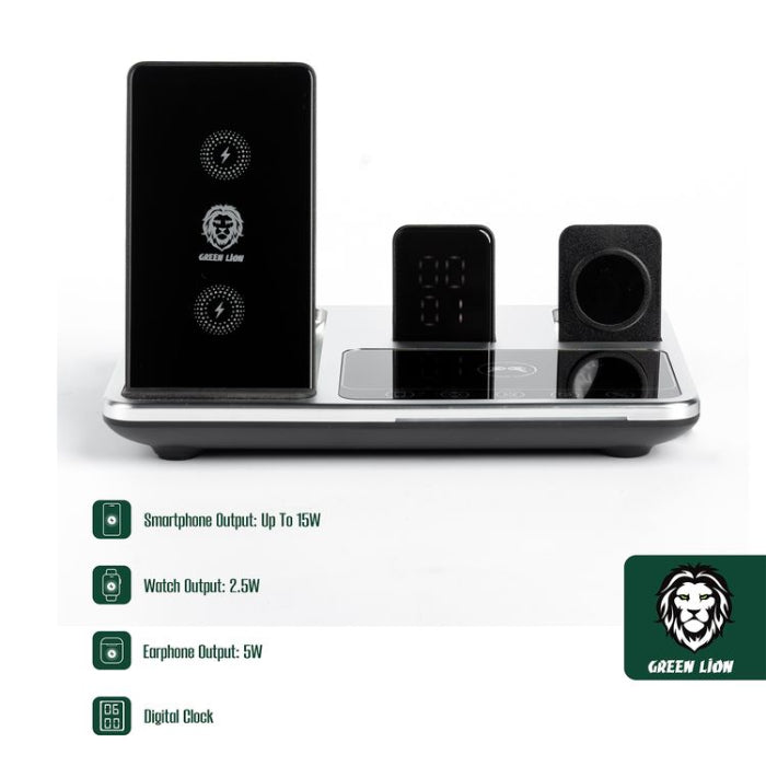 Green Lion 4-in-1 Wireless Charging Station 15W, Innovative Design  5W Earphones Output