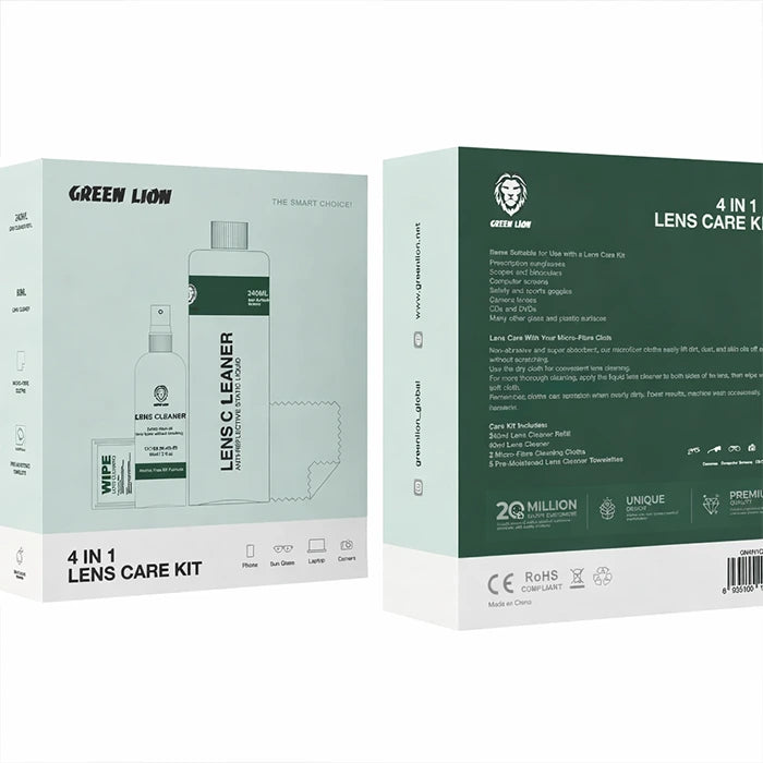 Green Lion 4 in 1 lens care kit box showing cleaner spray cloth and wipes packaging in Homesouq Qatar