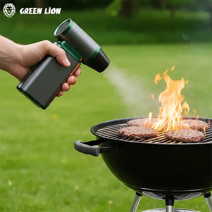 Green Lion Air Blower clearing BBQ flames outdoors with powerful airflow in Homesouq Qatar