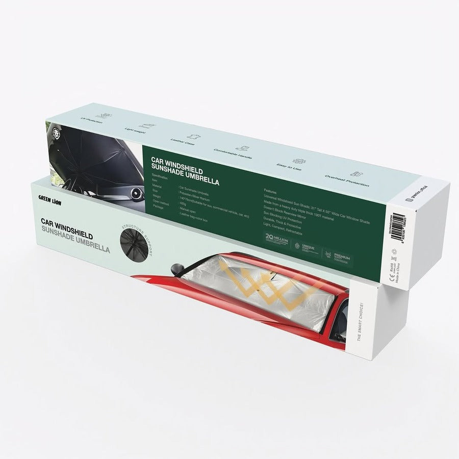 Green Lion Car Windshield Umbrella keeps your car cool by blocking sunlight and UV rays Light, Compact, Retractable
