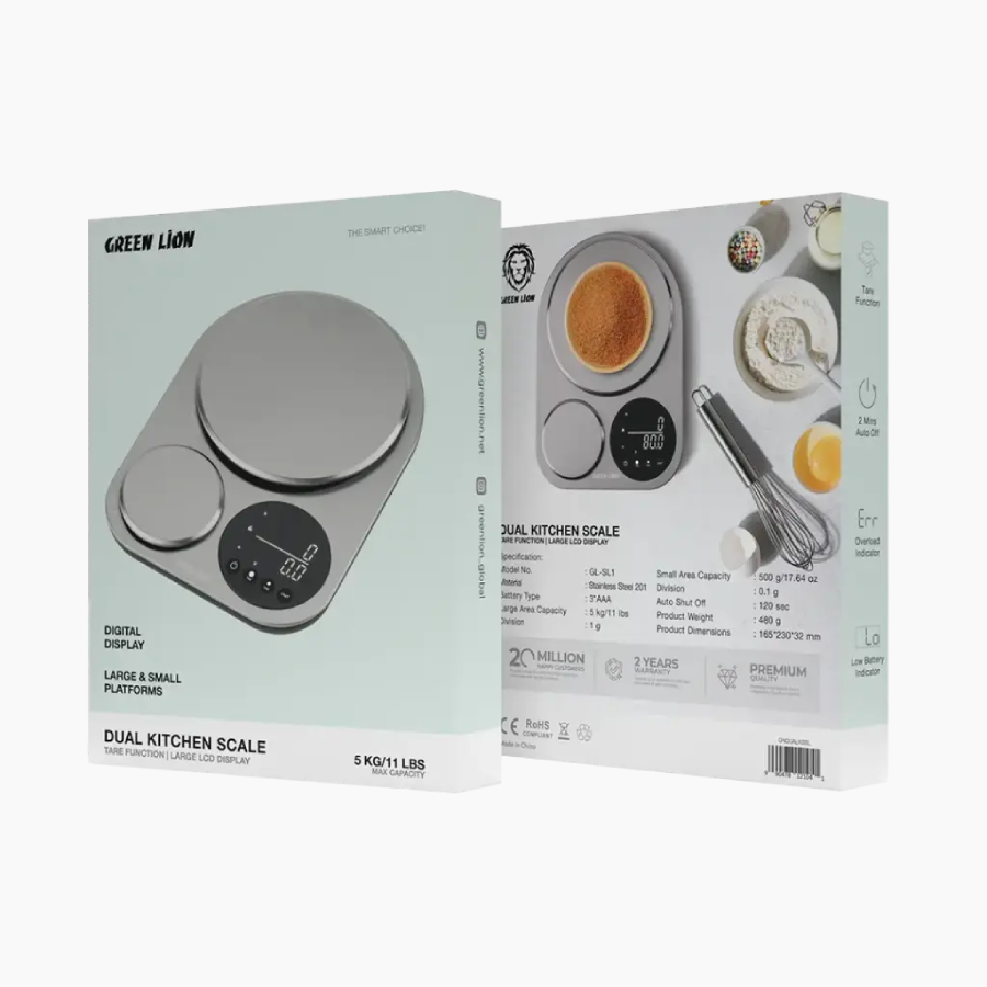 Green Lion Dual Kitchen Scale offers 5kg (1g) and 500g (0.1g) precision weighing with a stainless steel design
