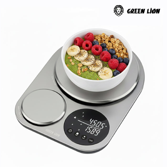 Green Lion Dual Kitchen Scale offers 5kg (1g) and 500g (0.1g) precision weighing with a stainless steel design Tare Function
