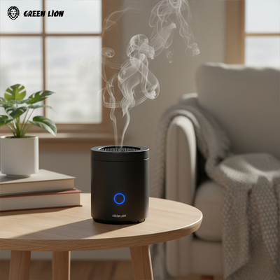 Green Lion Dune Mini Incense Burner with smoke on table in living room Qatar