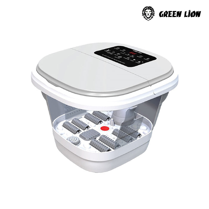 Green Lion Foldable Foot Bath Massager features an 8L capacity for deep soaking, a smart digital control panel