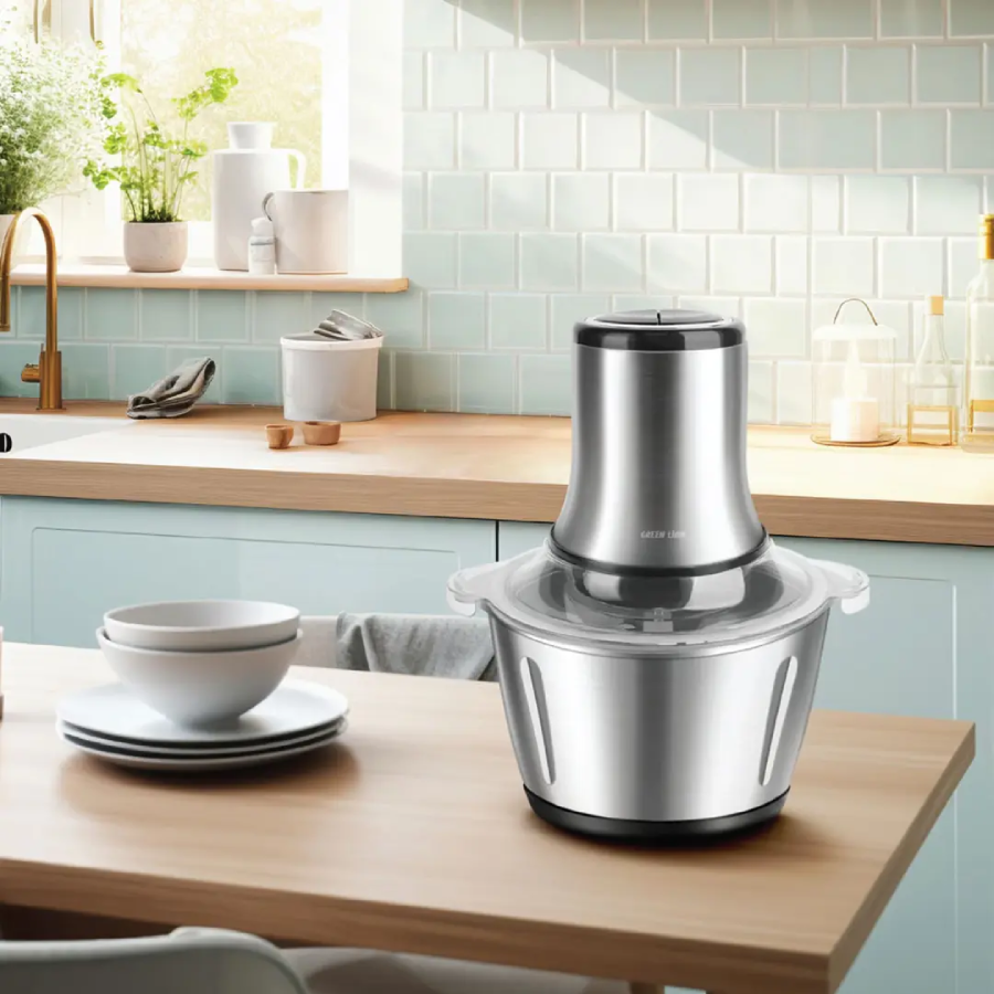 Green Lion Food Grinder features a 500W motor, 3-liter stainless steel bowl, and titanium-coated blades
