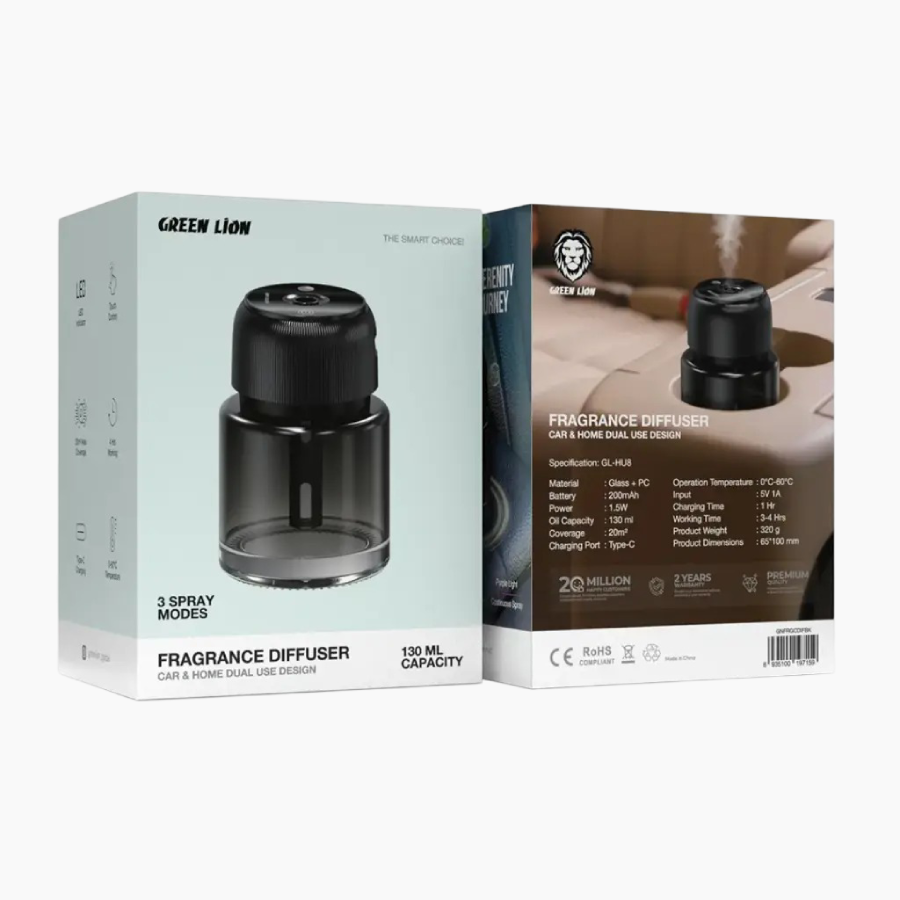 Green Lion Fragrance Diffuser offers 130mL capacity, 3 spray modes, and quiet 1.5W operation LED Indicator
