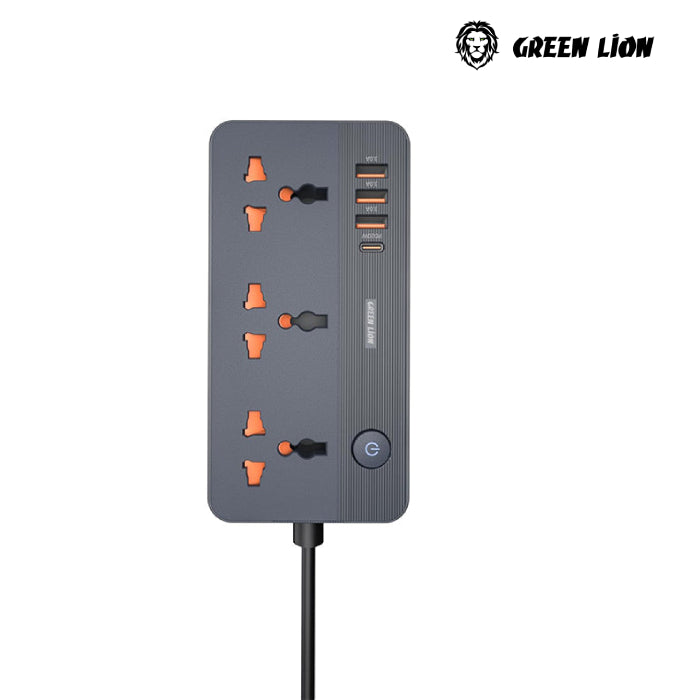 Green Lion GS-200 Power Socket. Featuring 3 universal sockets, 3 USB-A ports (15W total), and a 20W PD USB-C port