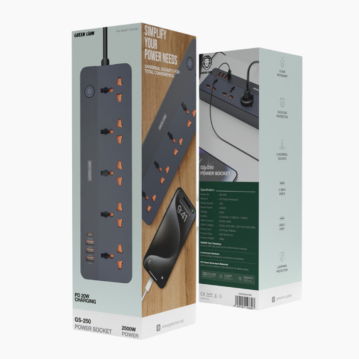 Green Lion GS-250 Power Socket 2500W - Black Overload Protection

