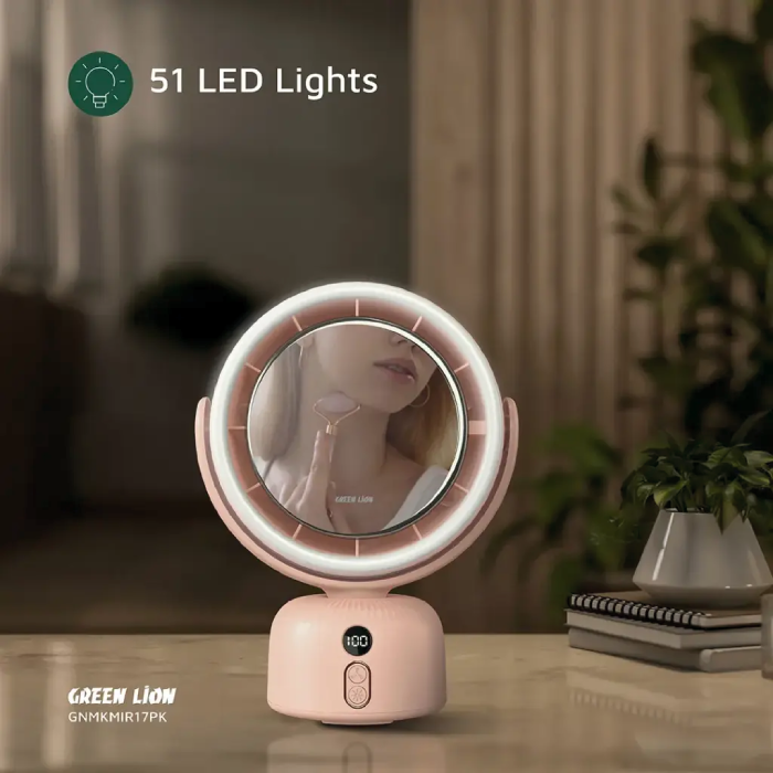 Green Lion Makeup Mirror with Fan, 5 Levels Fan Speed 3 Light Modes 51 LED Lights