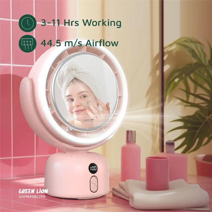 Green Lion Makeup Mirror with Fan, 5 Levels Fan Speed 3 Light Modes Anti-Slip Base
