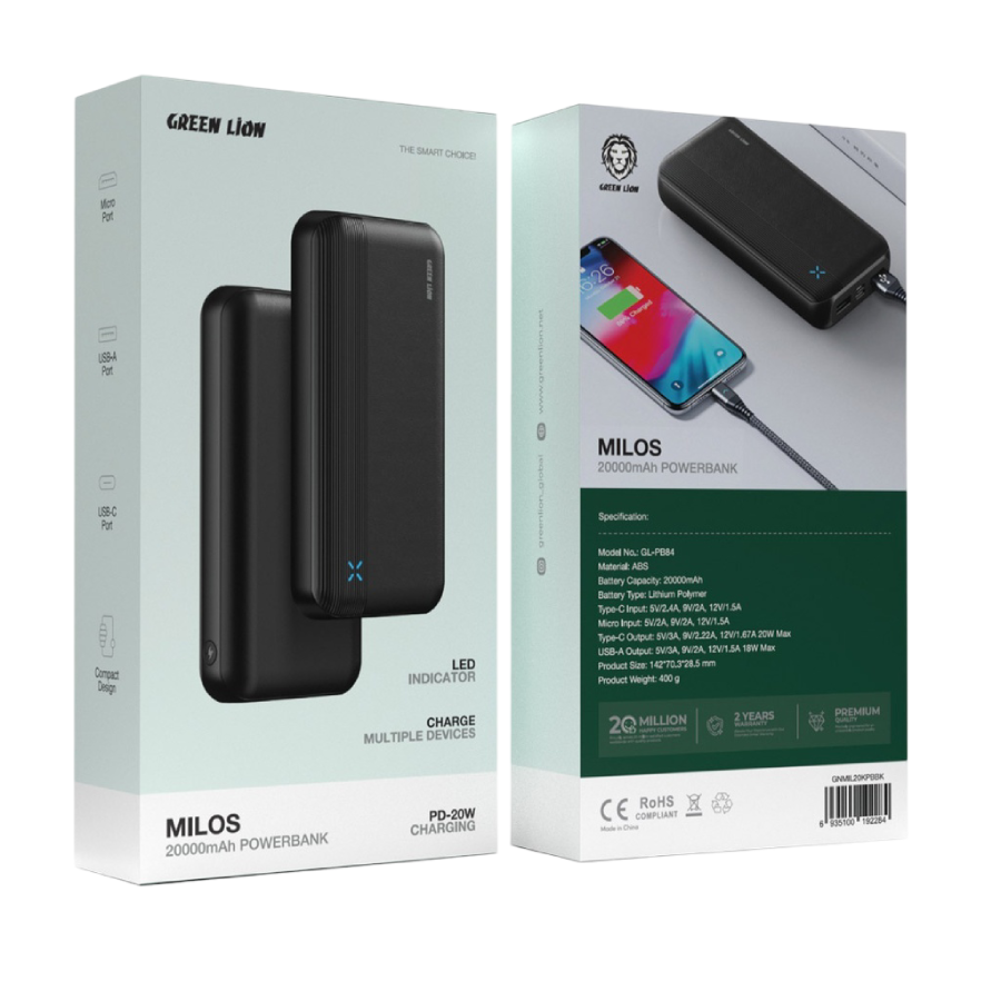 Green Lion Milos 20000mAh Power Bank features fast PD-20W charging, multiple ports
