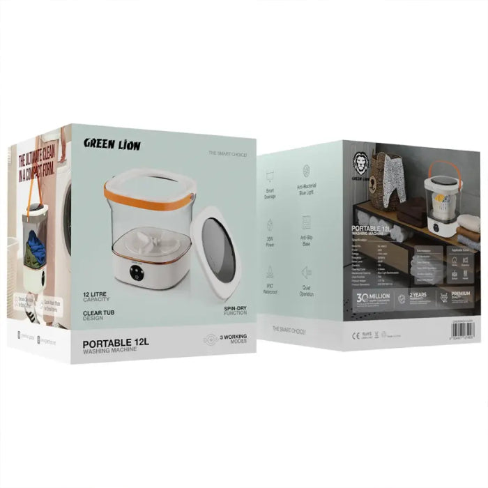 Green Lion Portable 12L Washing Machine is a compact, 36W unit ideal for small spaces White Durable