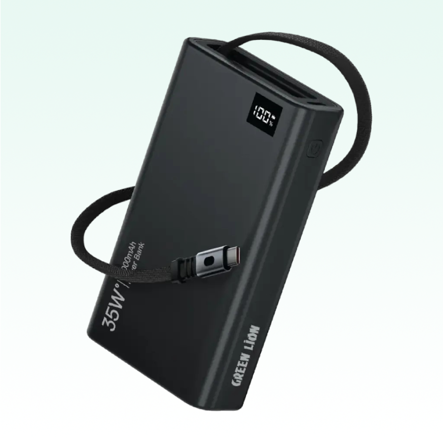 Green Lion Retractable Power Bank 35W 10000mAh offers fast charging with a built-in Type-C cable