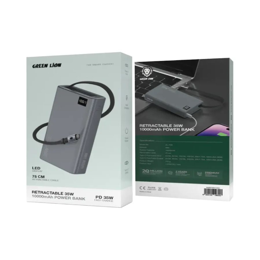 Green Lion Retractable Power Bank 35W 10000mAh offers fast charging with a built-in Type-C cable Power Button
