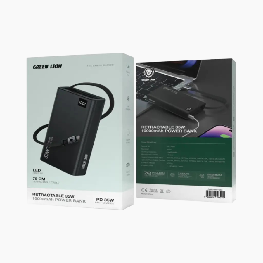 Green Lion Retractable Power Bank 35W 10000mAh offers fast charging with a built-in Type-C cable black