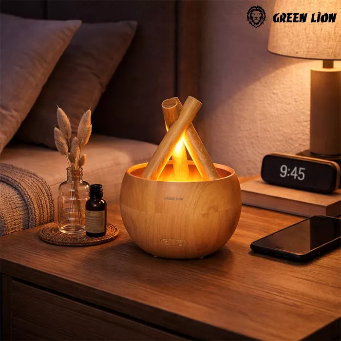 Green Lion flame diffuser on bedside table with warm ambient light creating a cozy night atmosphere in Qatar Homesouq Qatar