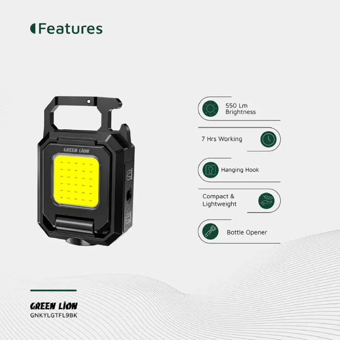 Green Lion light keychain compact LED with hook and 550lm brightness features portable design Qatar