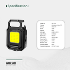 Green Lion keychain light specifications showing battery capacity USB C charging and working time Qatar