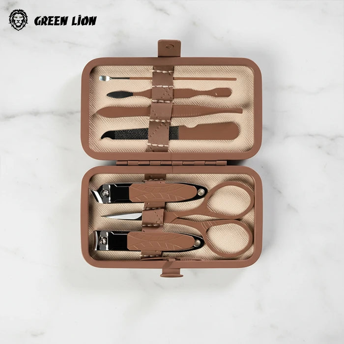 Green Lion manicure kit open case with grooming tools set neatly arranged in Homesouq Qatar