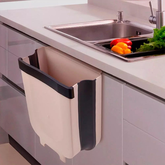 Hanging Trash Can for Kitchen Cabinet Door, Wall Mounted Folding Waste Bin beige