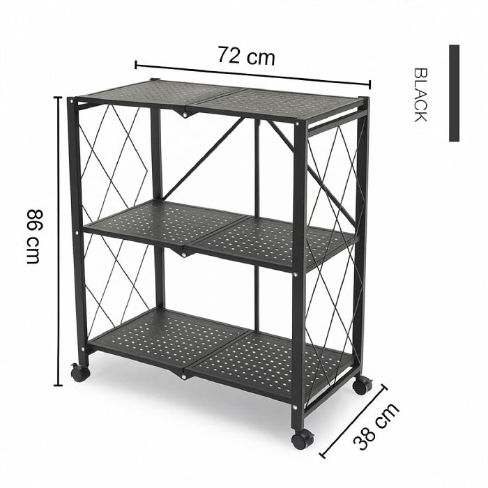 Heavy Duty Multi Tier Foldable Storage Rack with Movable Wheel For Kitchen, Pantry Laundry 3 Tier dimensions