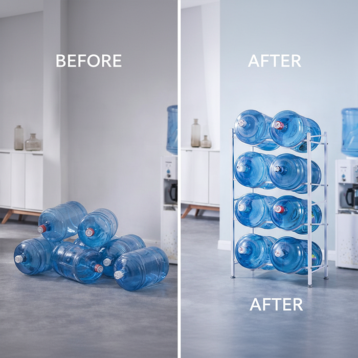 5 gallon water storage rack before and after showing organized 5 gallon water bottle holder stand Qatar