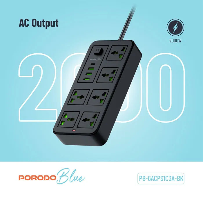 porodo power strip with 2000W AC output and multiple sockets for appliances Homesouq Qatar