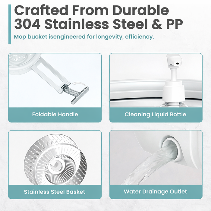 Spin mop bucket features foldable handle liquid dispenser stainless steel basket and water outlet Qatar