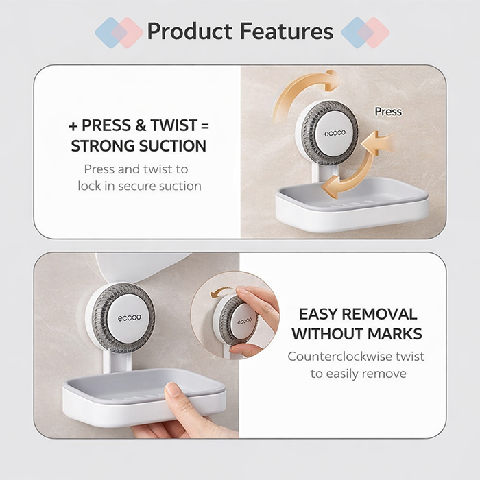 Ecoco suction cup soap holder showing press and twist installation method for secure wall mounting in Qatar