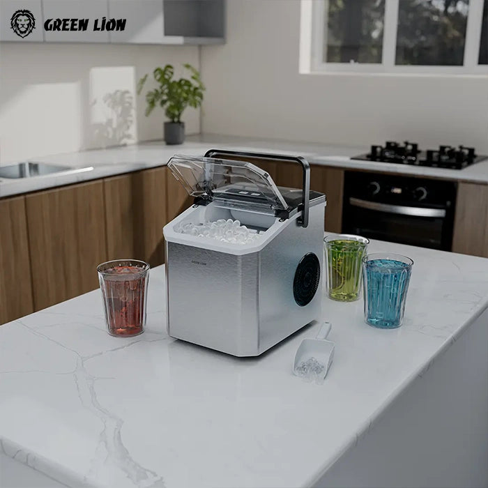 Compact ice maker machine with glasses on marble kitchen top in Homesouq Qatar