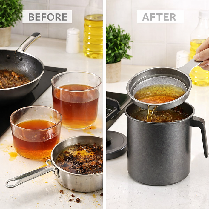 Oil containers oil filter pot before and after showing clean oil strainer pot and oil storage solution Qatar