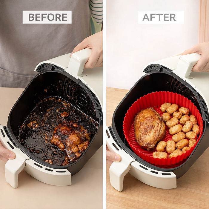 Air fryer silicone liners before and after showing clean silicone basket for air fryers cooking solution Qatar
