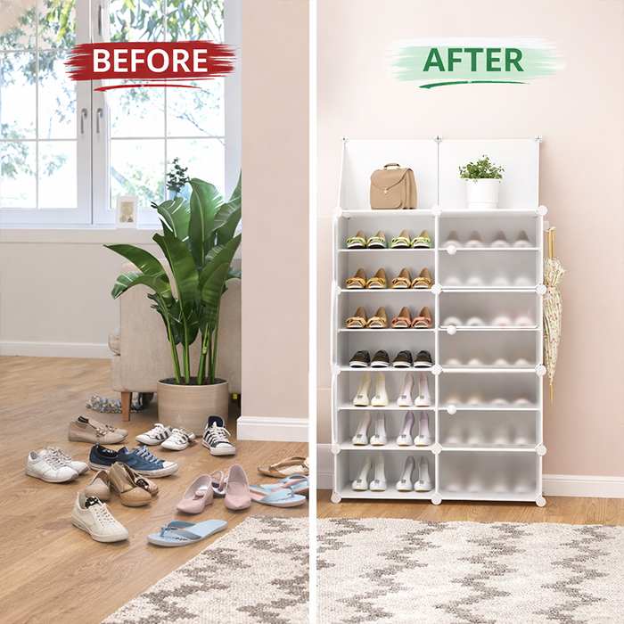 Shoe cabinet shoe rack before and after living room showing organized shoe closet storage solution Qatar