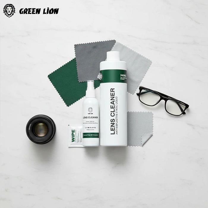 Green Lion lens care kit with cleaning spray and microfiber cloth on white background Homesouq Qatar